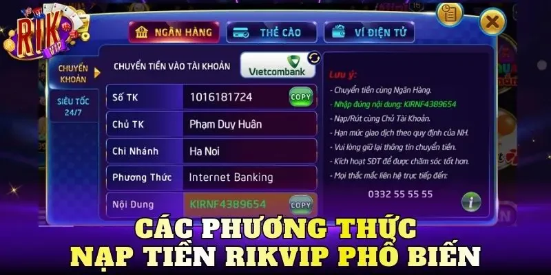 Các phương thức nạp tiền Rikvip phổ biến